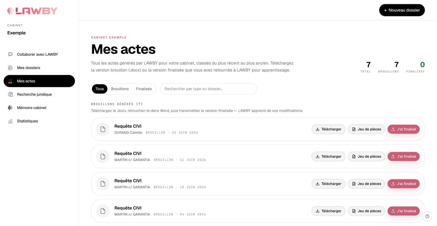 LAWBY, la liste des actes générés avec téléchargement, jeu de pièces et finalisation