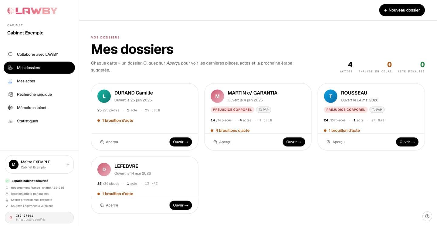 LAWBY, la liste des dossiers du cabinet avec l’étape de chacun