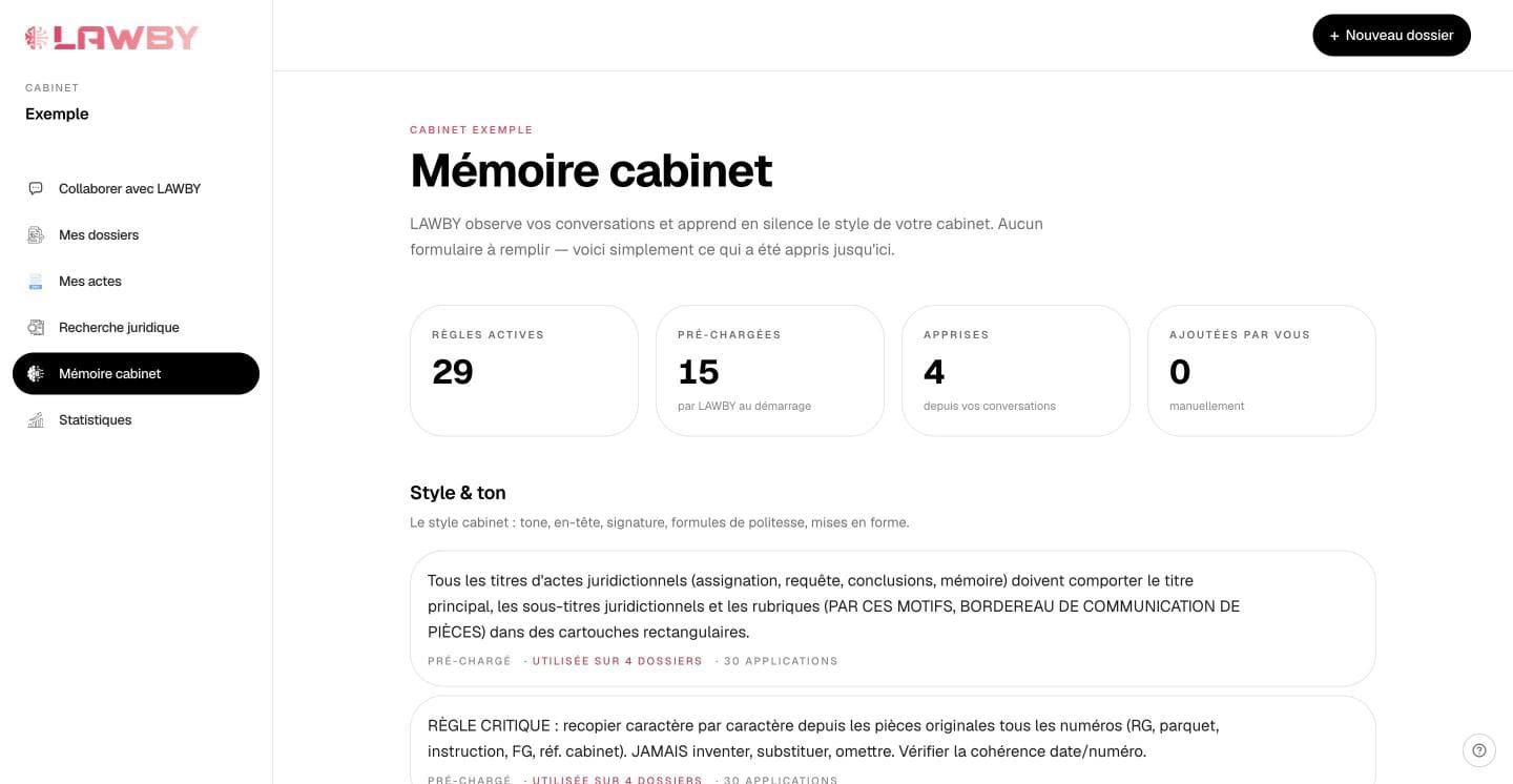 LAWBY, la mémoire du cabinet : règles actives, préchargées, apprises
